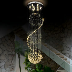 Crystal Spiral Cluster Chandelier, 9 Lamp, Faceted Crystal Beads, Long Cascading Drop, Stairwell, Hallway & Landing