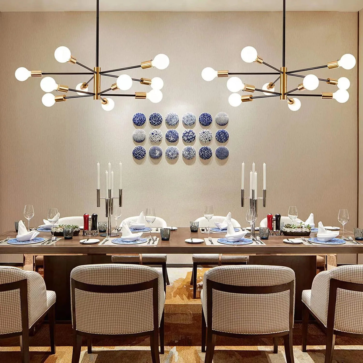 Black and Brass 8 Light Sputnik Chandelier, Asymmetric Rods with Exposed Globe Bulbs, Central Brass Hub, Dining Room & Living Room