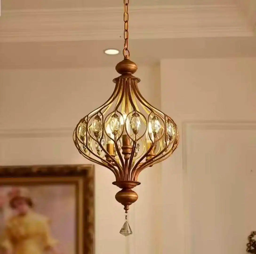 Bronze Metal Lantern Chandelier, 50cm, Scrolled Frame with Amber Crystal Drops, Wood Finial, Dining Room and Stairwell
