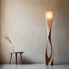 Sculptural Twisted Wood Column Floor Lamp, Brown Tone, Freestanding Base, Living Room, Dining Room & Reading Corner