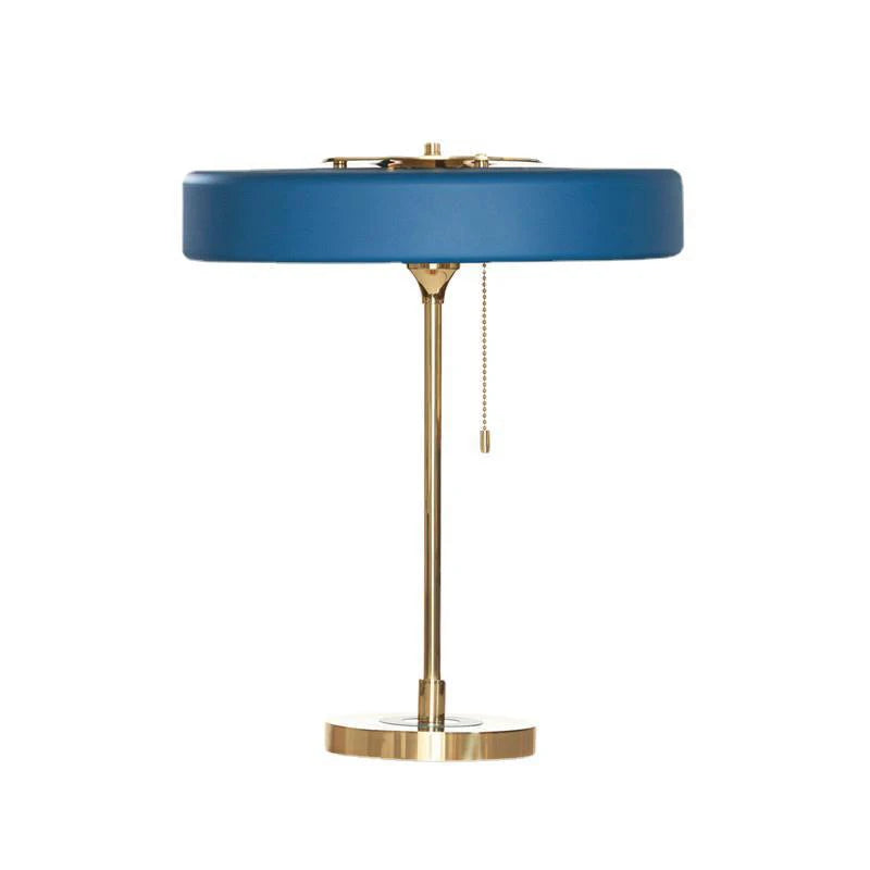 Black Fabric Drum Table Lamp, Brushed Brass Stem, Square Stone Base, Pull Chain Switch, Bedside, Console & Living Room