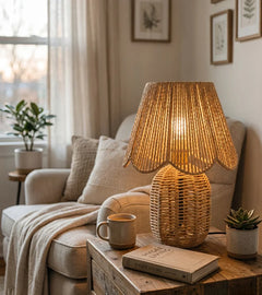 Woven Paper Rope Cone Table Lamp, Amber Finish, Turned Wood Ball Waist, Handmade Texture, Bedside, Console & Living Room