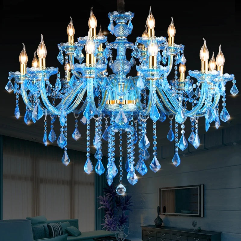Blue Glass Branch Chandelier, 8 and 4 Candle Style Arms, Gold Fittings, Crystal Drops, Without Shades, Dining and Living Room