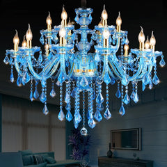Blue Glass Branch Chandelier, 8 and 4 Candle Style Arms, Gold Fittings, Crystal Drops, Without Shades, Dining and Living Room