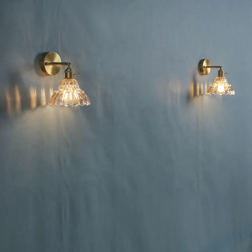 Fluted Amber Glass Bell Wall Light, Brass Arm and Round Backplate, Wide Flared Scalloped Shade, Bedside, Hallway & Living Room