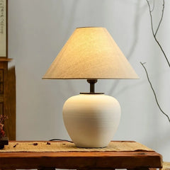 Textured White Ceramic Urn Table Lamp, Natural Linen Cone Shade, Rounded Silhouette, Bedside, Console & Living Room