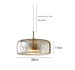Amber Glass Drum Pendant Light, 23cm Shade, Brushed Brass Ring Fitting, Cord Suspended, Dining Table & Kitchen Island