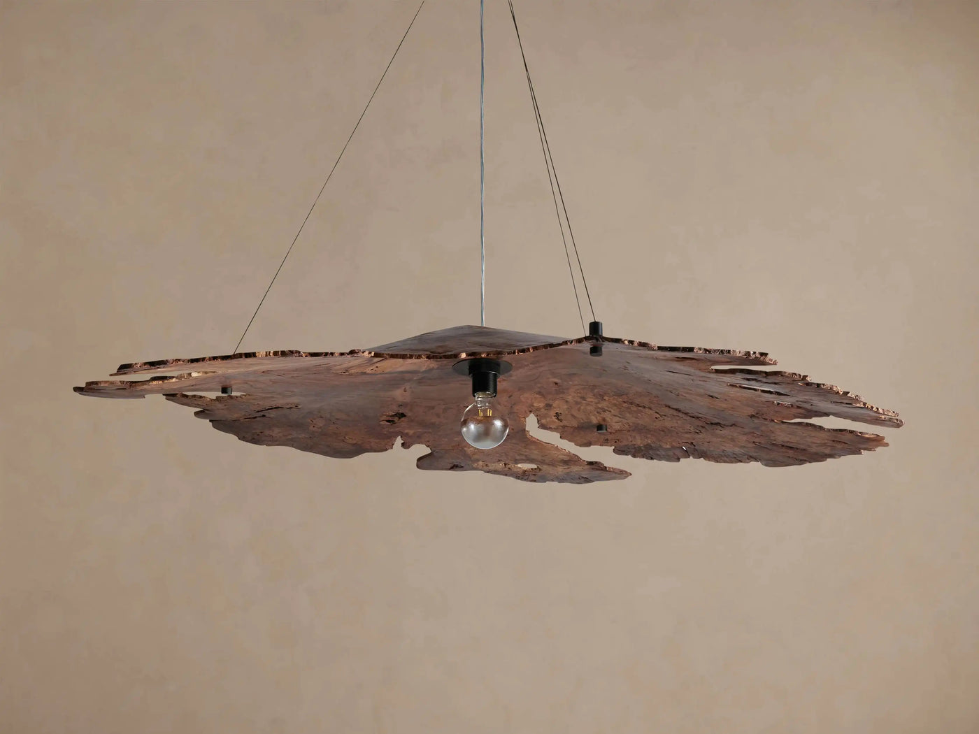 Textured Natural Wood Panel Pendant Light, 38in Live Edge Grain, Fine Cable Suspension, Dining Room & Living Room
