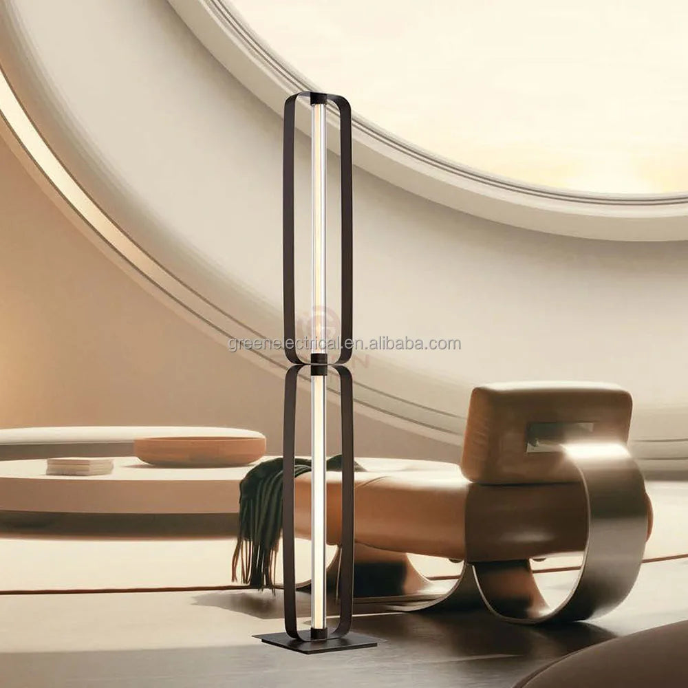 Black Steel Column Floor Lamp, 1280mm Tall, Twin Oval Loop Frame with Integrated LED Strip, Living Room & Office