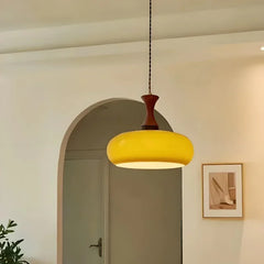 Fluted Amber Glass 28cm Ellipse Pendant Light, Turned Wood Neck with Brass Detail, Braided Cable Suspension, Kitchen Island & Dining Table