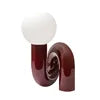 Sculptural Wine Red Curved Table Lamp with an Opal Glass Sphere Shade, Glossy Lacquer Finish, Console & Living Room