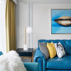 Opal Glass Globe Table Lamp, Offset Sphere on a Slim Brass Pole, Cylindrical White Marble Base, Console & Bedside