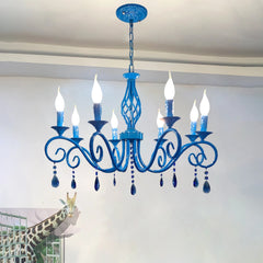 Faceted Crystal Branch Chandelier, Blue Finish, 8 Scrolled Candle Arms, 72 x 72 x 98cm, Dining Room & Living Room