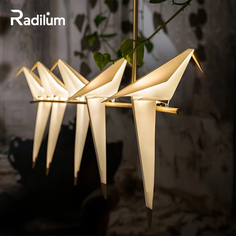 Sculptural Origami Bird Chandelier, 5 Light Faceted White Shades, Integrated LED, Brass Bar Mount, Dining Table & Living Room