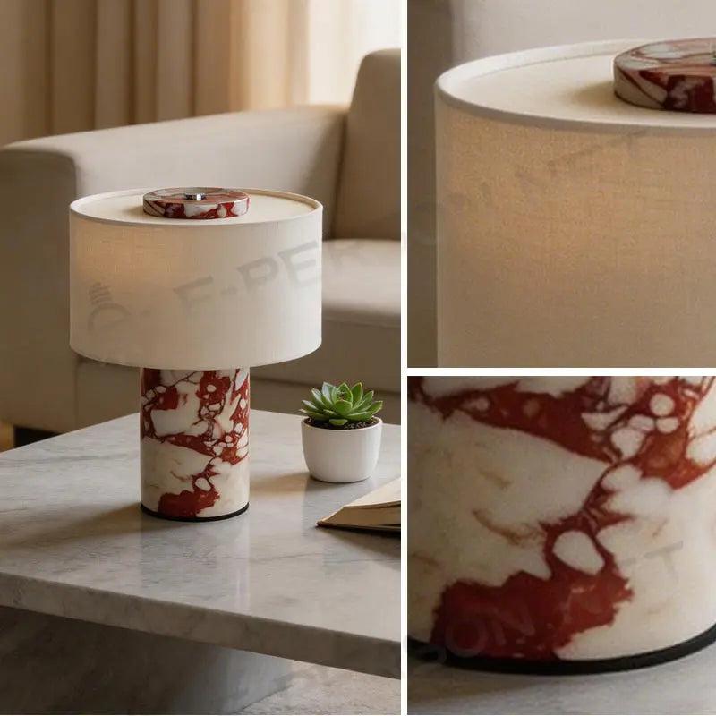 Red Marbled Stone Drum Table Lamp, Cream Linen Shade, Polished Cylinder Base, Bedside & Living Room Console Table