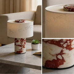 Red Marbled Stone Drum Table Lamp, Cream Linen Shade, Polished Cylinder Base, Bedside & Living Room Console Table