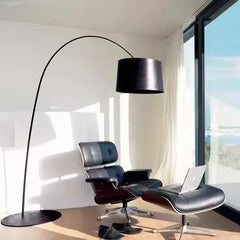 Red Arc Floor Lamp, Plain Drum Shade on a Long Curved Steel Pole, Reading Corner and Living Room Sofa Side Table