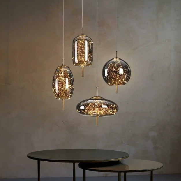 Amber Glass Linear 3-Drop Pendant Light, Warm Fairy Light Filaments, Staggered Brass Stems, Bedside & Dining Table Feature