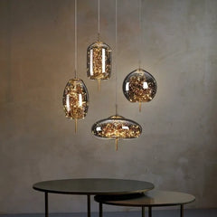 Amber Glass Linear 3-Drop Pendant Light, Warm Fairy Light Filaments, Staggered Brass Stems, Bedside & Dining Table Feature