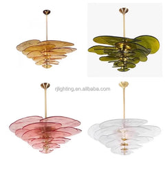 Sculptural Clear Textured Glass Petal Cluster Chandelier, Layered Radiating Panels, Brass Stem, Dining Room & Stairwell