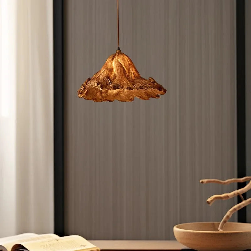 Ochre Textured Fabric Cone Pendant Light, Three-Shade Cluster, Rustic Mountain Silhouette, Dining Table & Hallway