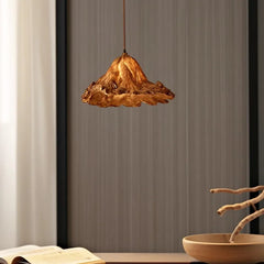 Ochre Textured Fabric Cone Pendant Light, Three-Shade Cluster, Rustic Mountain Silhouette, Dining Table & Hallway