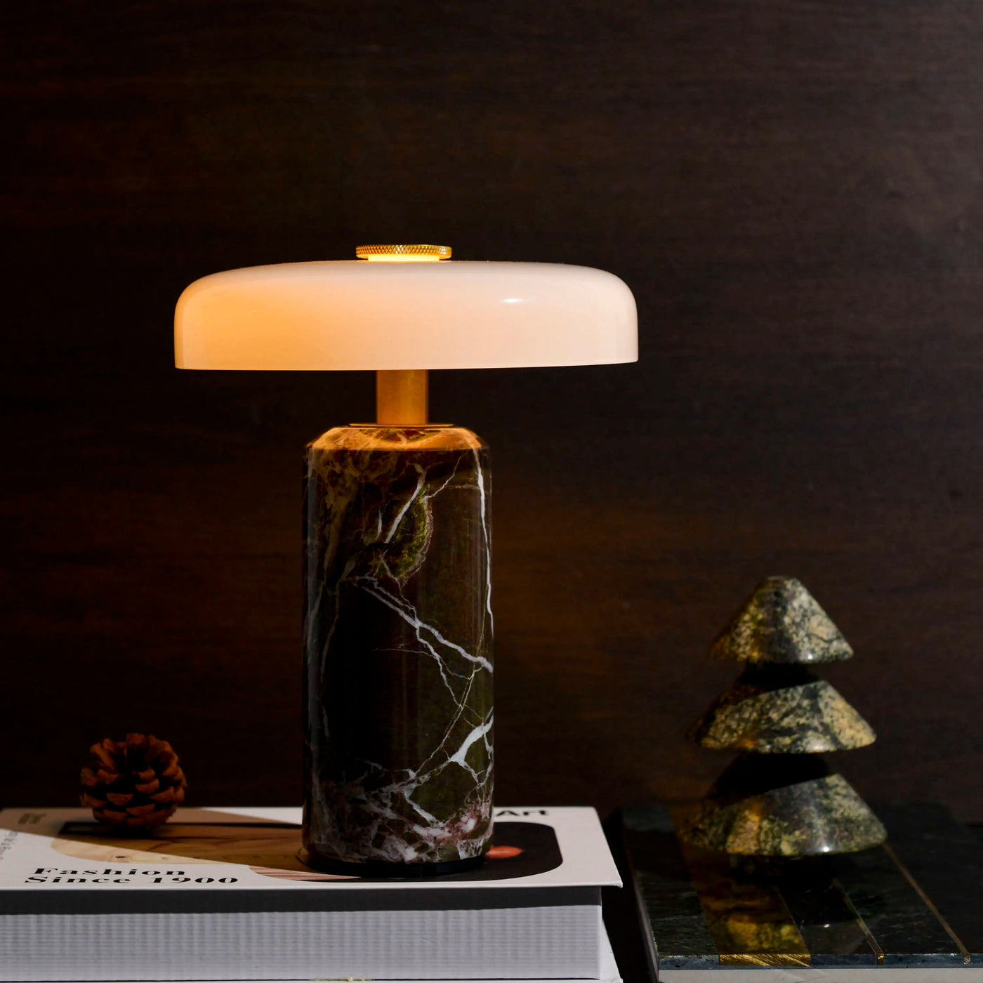 Marble Dome Table Lamp, Opal Glass Disc Shade, Brass Touch Control, White Finish, Rechargeable, Bedside & Living Room