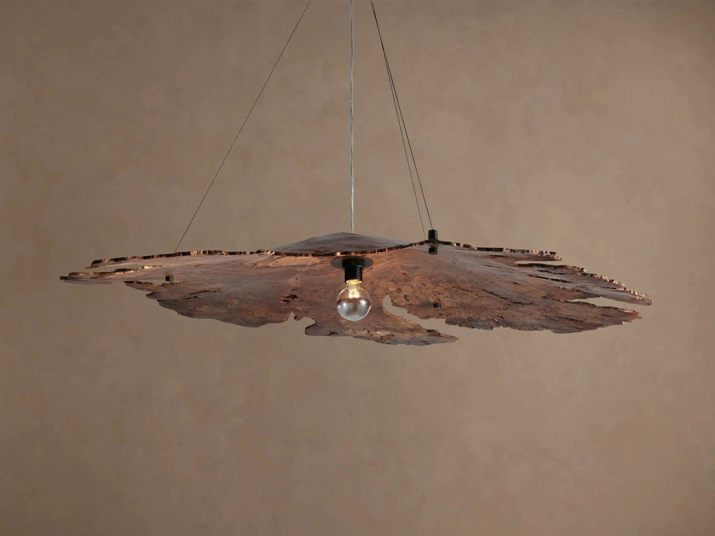 Textured Natural Wood Panel Pendant Light, 38in Live Edge Grain, Fine Cable Suspension, Dining Room & Living Room