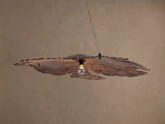 Textured Natural Wood Panel Pendant Light, 38in Live Edge Grain, Fine Cable Suspension, Dining Room & Living Room