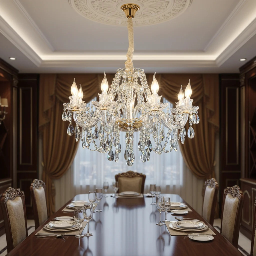 Clear Glass Candelabra Chandelier, 8 Lights, Gold Accents, 50cm Height, Layered Crystal Drops, Formal Dining Room & Stairwell