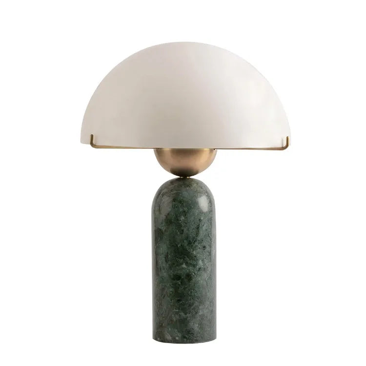 Matt Cream Dome Table Lamp, Brass Ring Collar on a Green Marble Base, Bedside, Console and Living Room Corner