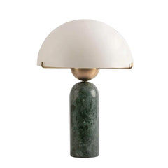 Matt Cream Dome Table Lamp, Brass Ring Collar on a Green Marble Base, Bedside, Console and Living Room Corner