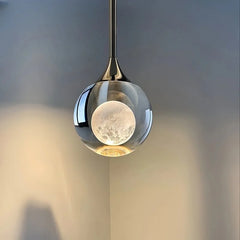 Clear Glass Globe Pendant Light, Frosted Inner Sphere, Slim Chrome Drop Rod Fitting, Bedside & Bedroom Reading Corner
