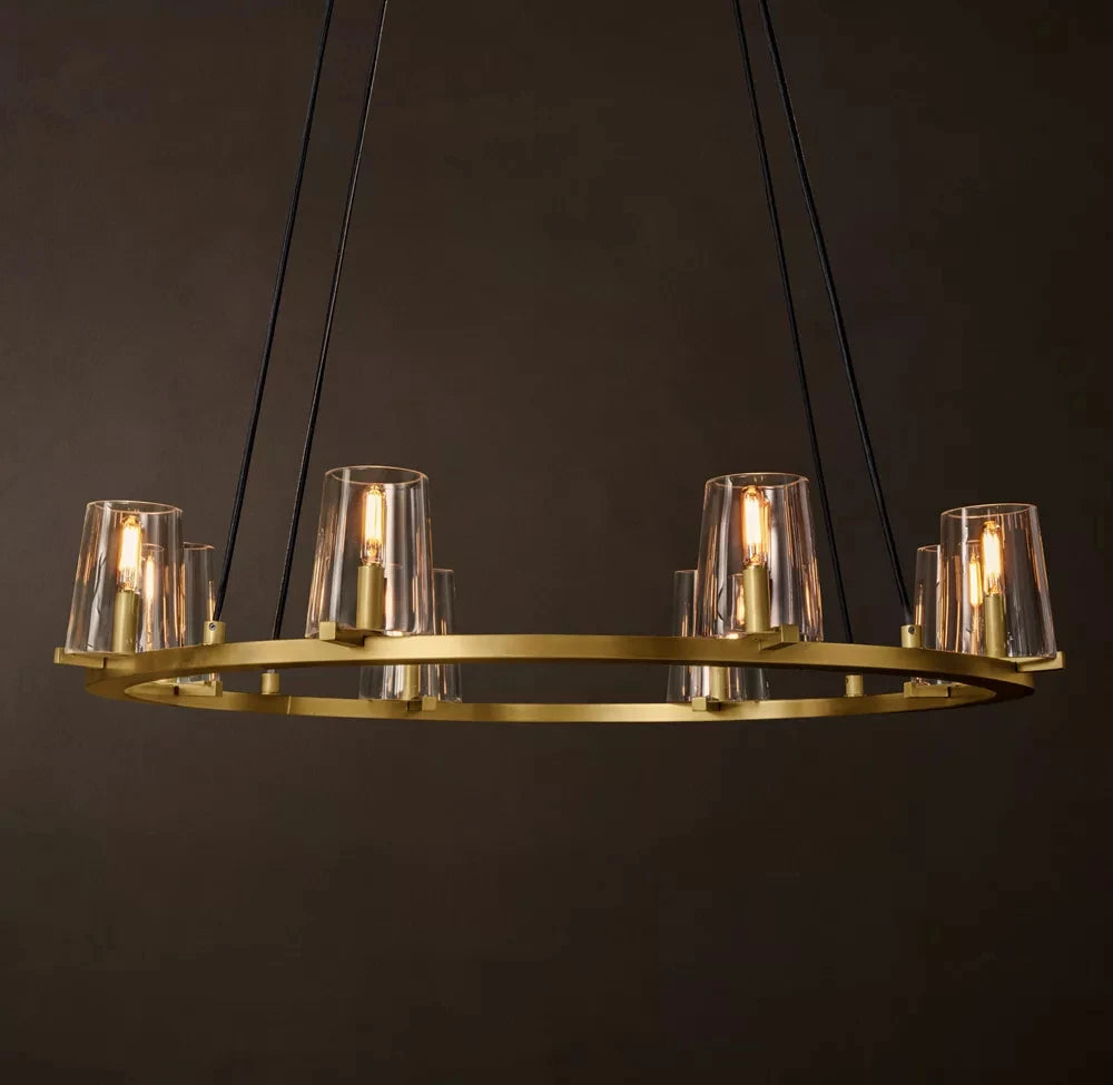 Ribbed Glass Ring Chandelier, Bronze Finish, Wide Ring Frame with Chain Suspension, Dining Room & Living Room