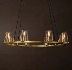Ribbed Glass Ring Chandelier, Bronze Finish, Wide Ring Frame with Chain Suspension, Dining Room & Living Room