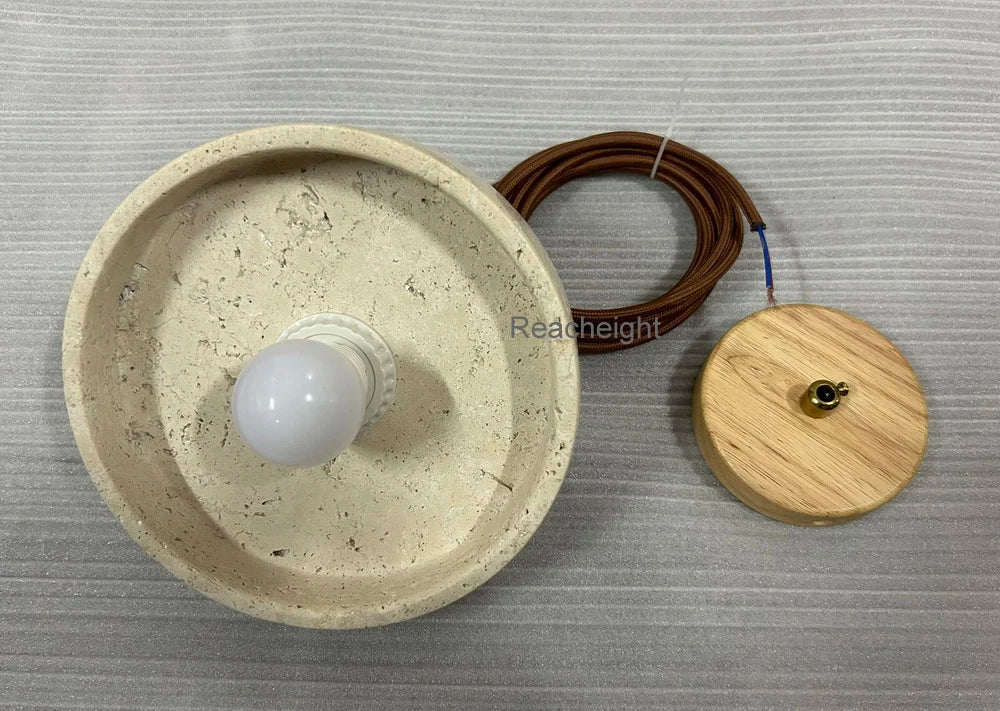 Natural Travertine Disc Pendant Light, Wood Cap Over a Bare Opal Glass Globe, Bulb Not Included, Bedside & Kitchen Island