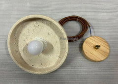Natural Travertine Disc Pendant Light, Wood Cap Over a Bare Opal Glass Globe, Bulb Not Included, Bedside & Kitchen Island