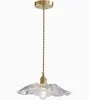 Clear Textured Flower Glass Pendant Light, Single Ruffled Petal Shade, Curved Brass Arm, Living Room & Dining Room
