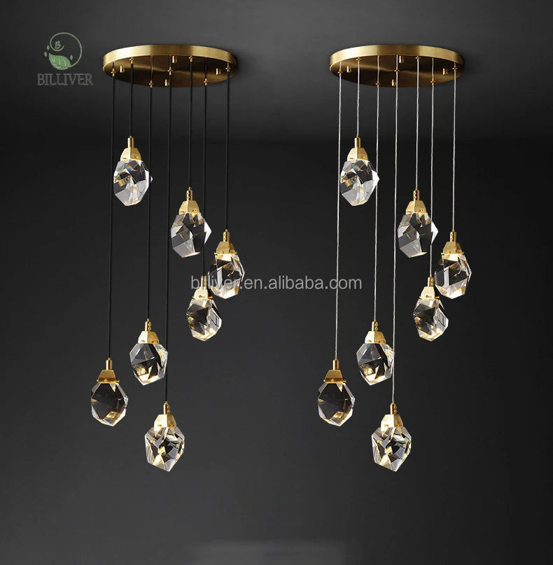 Faceted Crystal Cluster Pendant Light, 5 Heads on a Brass Canopy, 150 x 30cm, Fine Cable Suspension, Living Room & Stairwell