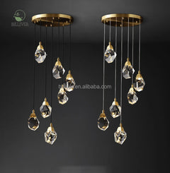 Faceted Crystal Cluster Pendant Light, 5 Heads on a Brass Canopy, 150 x 30cm, Fine Cable Suspension, Living Room & Stairwell