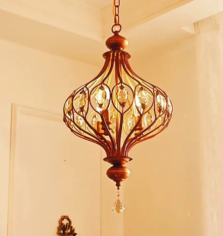 Bronze Metal Lantern Chandelier, 50cm, Scrolled Frame with Amber Crystal Drops, Wood Finial, Dining Room and Stairwell
