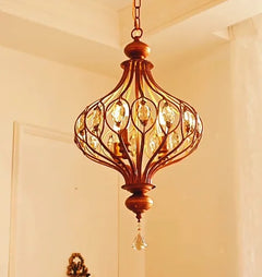 Bronze Metal Lantern Chandelier, 50cm, Scrolled Frame with Amber Crystal Drops, Wood Finial, Dining Room and Stairwell