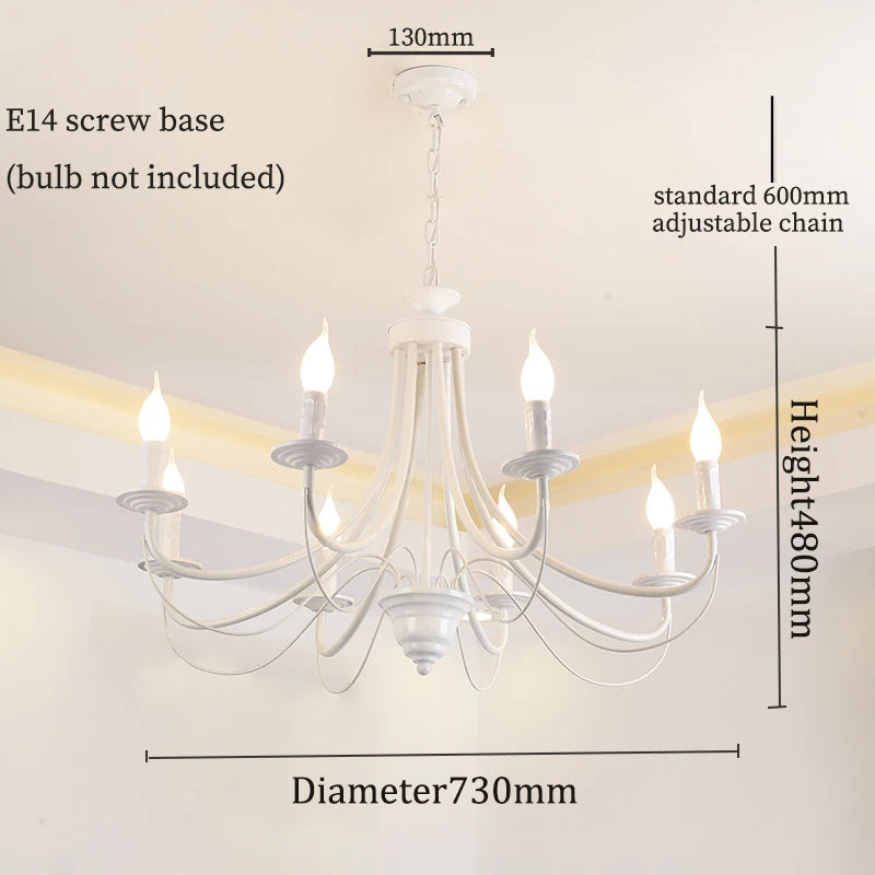 Curved Branch Iron Chandelier, 8 Light Candle Style Arms, White Finish, 73x73x108cm, Traditional Style, Dining Room & Hallway