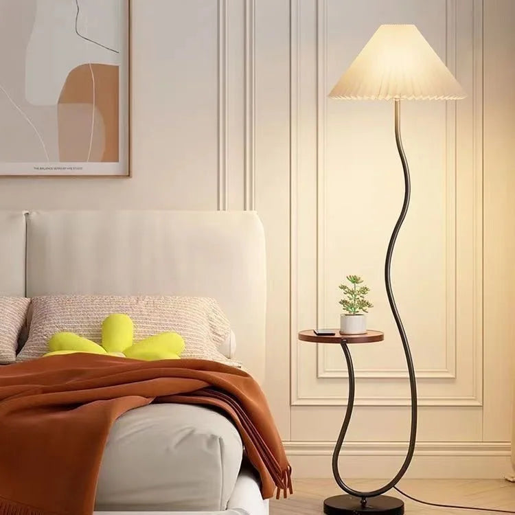 Black Curved Stem Floor Lamp With Side Shelf, Low Pleated Cream Cone Shade, Marble Base, Living Room, Bedroom & Reading Corner