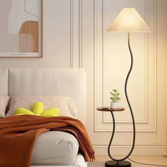 Black Curved Stem Floor Lamp With Side Shelf, Low Pleated Cream Cone Shade, Marble Base, Living Room, Bedroom & Reading Corner