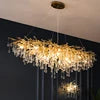Gold Branch Crystal Leaf Chandelier, Faceted Drops on Slim Arms, Long Linear Oval Spread, Single Fixed Finish, Dining Table & Living Room