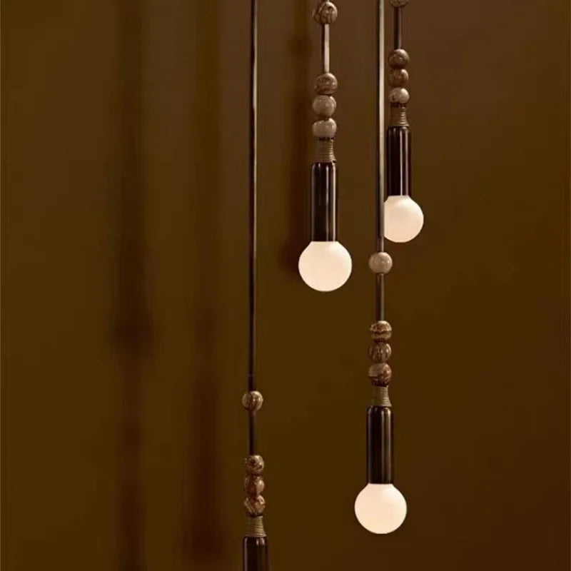 Marbled Stone Bead Wall Light, Antique Brass Rod, Bare Globe Bulb Style, Bedside & Living Room Wall Accent Piece