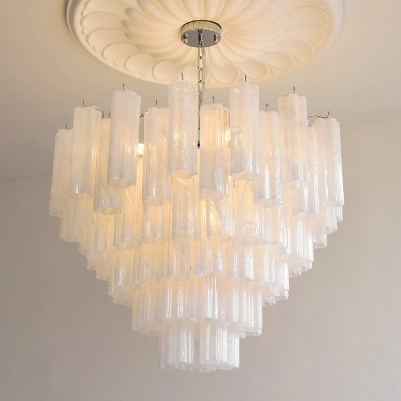 Fluted Glass Tiered Chandelier, White Finish, Chrome Chain Suspension, 150cm Drop, Bulb Not Included, Dining Room & Living Room