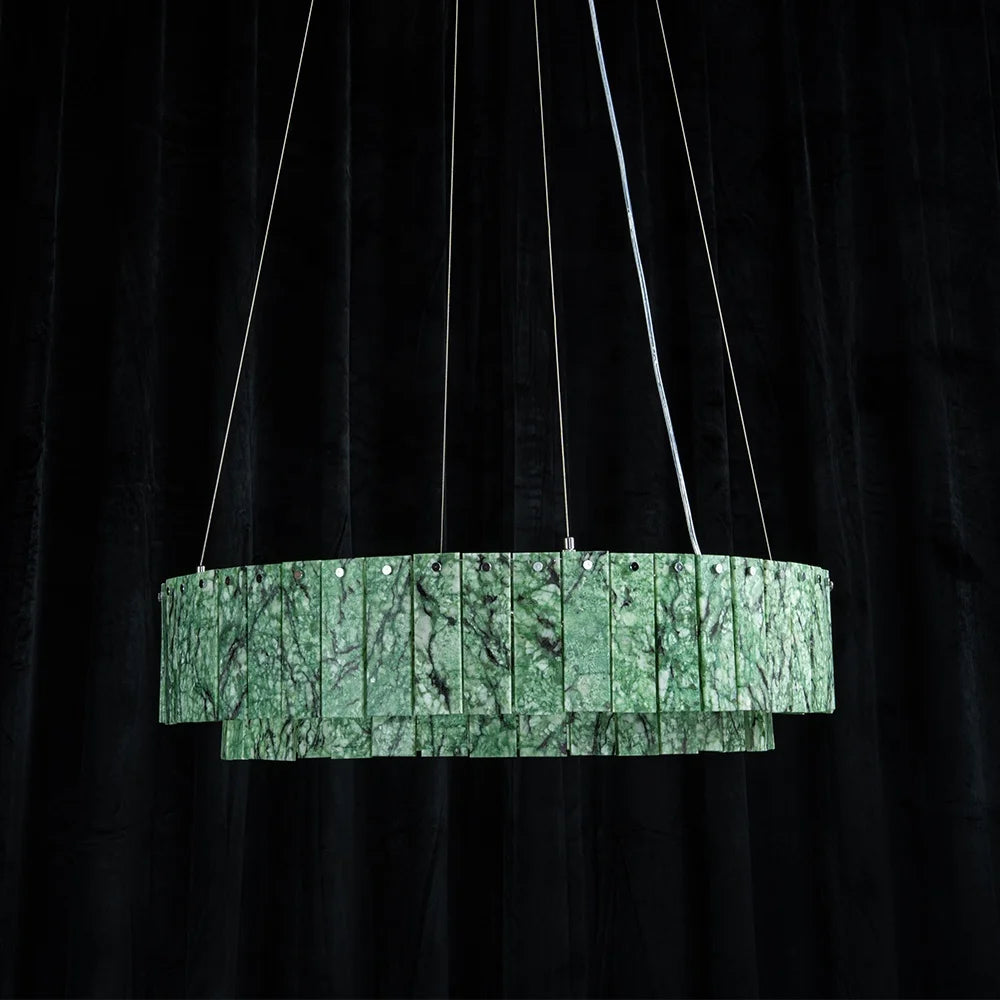 Textured Green Marble Ring Chandelier, 800mm Diameter, Backlit Slats, Integrated LED, Dining Room & Living Room