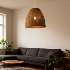 Woven Rattan Dome Pendant Light, Natural Finish, Collar Top Silhouette, Kitchen Island, Dining Table & Living Room